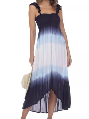 Raviya Ombre Women’s Smocked High-Low Cover-Up Sundress Navy Blue Tie-Dye Size L